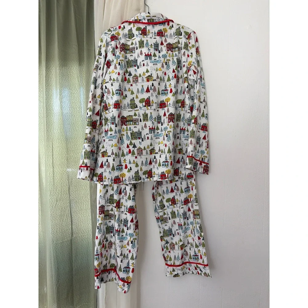 Target Pajama Set Womens L White Winter Village Flannel 2pc PJs Loungewear